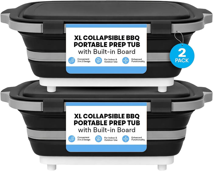 2-Pack XL Collapsible BBQ Prep Tub with Built-in Cutting Board, Lid & Strainer – Multipurpose Meal Prep Container for Outdoor Cooking, BBQ Parties, Kitchen & Travel Use (Black)