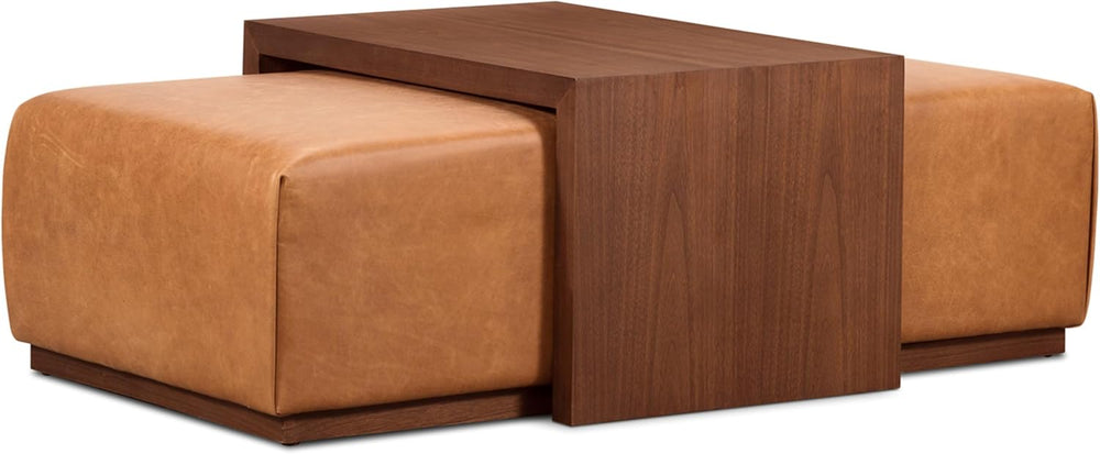 POLY & BARK Jarmo Leather Ottoman with Walnut Table in Full-Grain Pure-An...