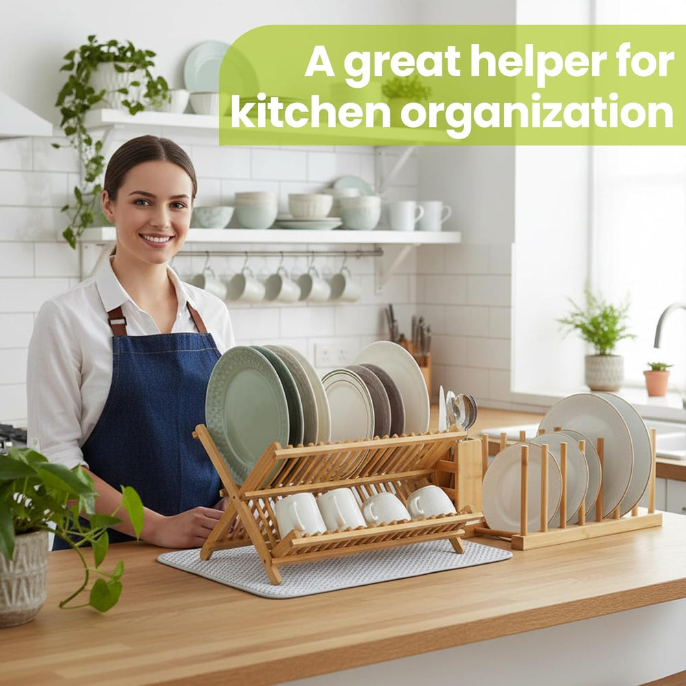 6 Pcs Plate Organizer Set for Cabinet 2 Tier Bamboo Collapsible Dish Rack wit...