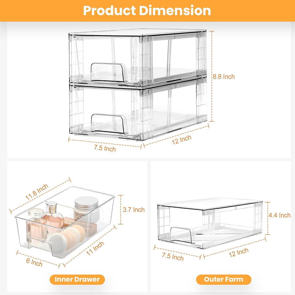 4 Pack Stackable Storage Drawers with Handles, Easy Assembly Clear Acrylic Fr...