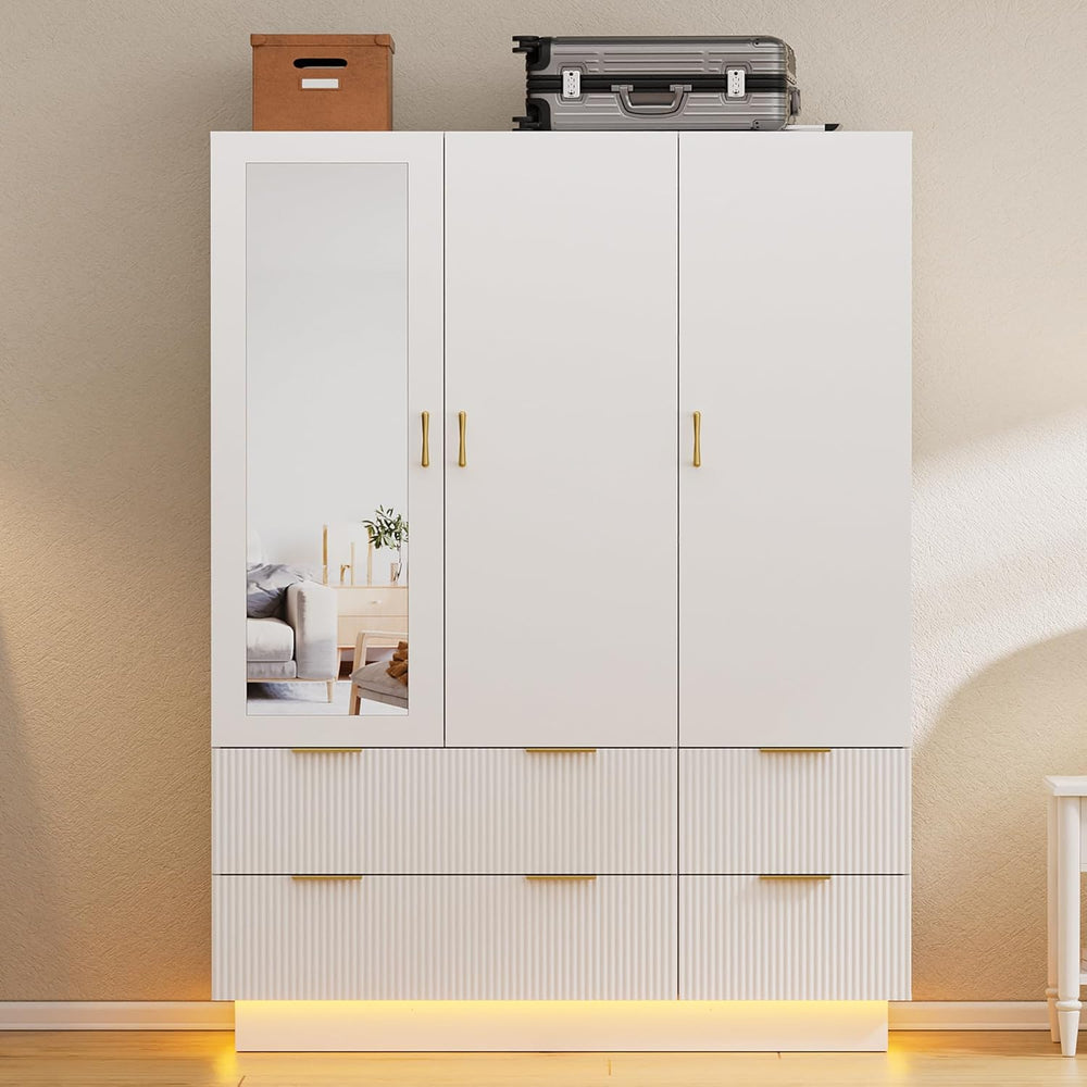 PAKASEPT Armoire Wardrobe Closet with 3 Door, Mirror, LED Lights