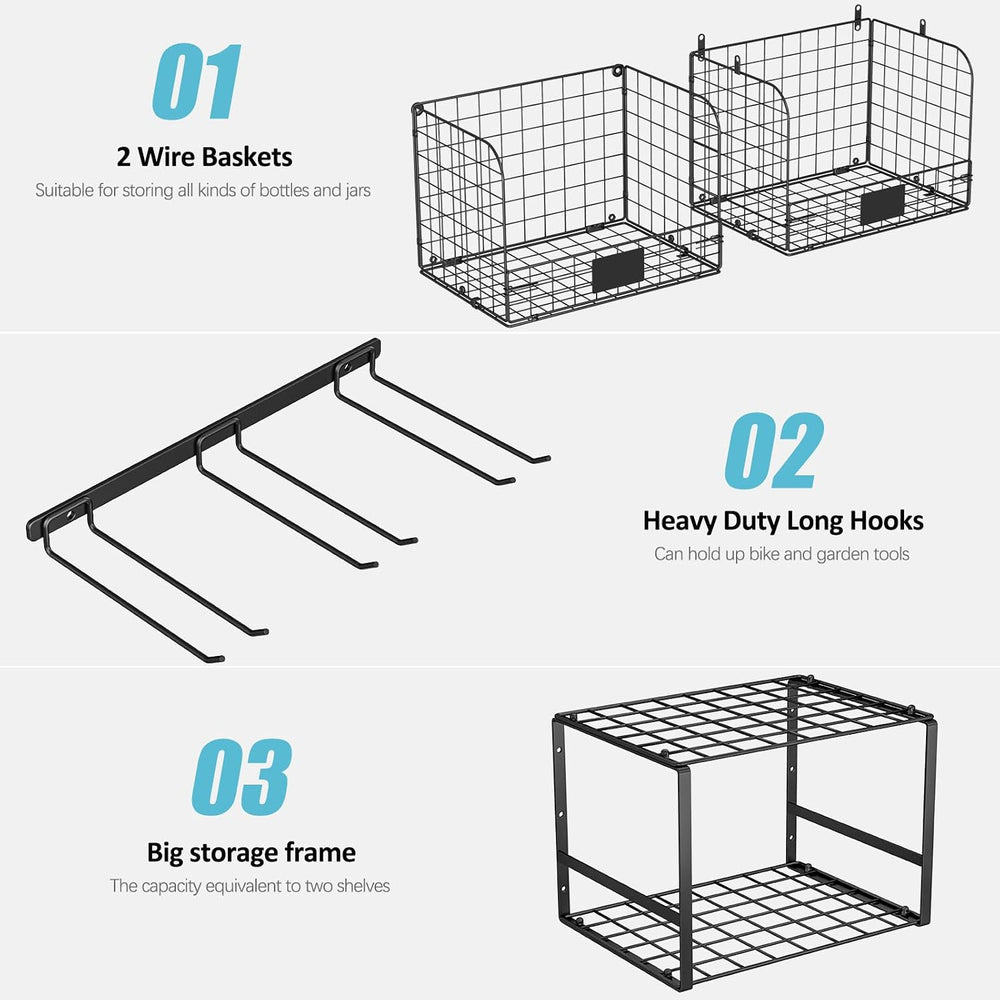 ThreeHio Garage Shelf Wall Mounted with Wire Baskets, Heavy Duty Garage Wall ...