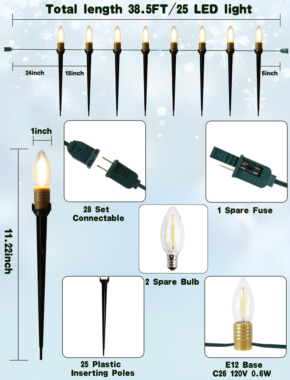 25 Pack Outdoor Lights Plug in, 38.5FT Outdoor Pathway Lighting with Heavy Du...