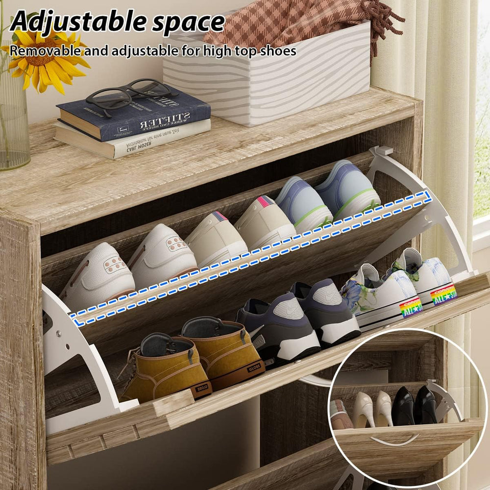 AGOTENI Natural Narrow Shoe Storage Cabinet with 3 Flip Doors & Adjustabl...