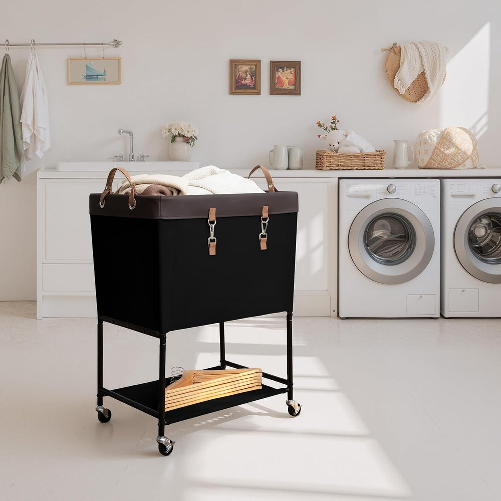 StorageWorks Laundry Cart, 2 Tier Rolling Basket with Wheels, 29 Gal, Black