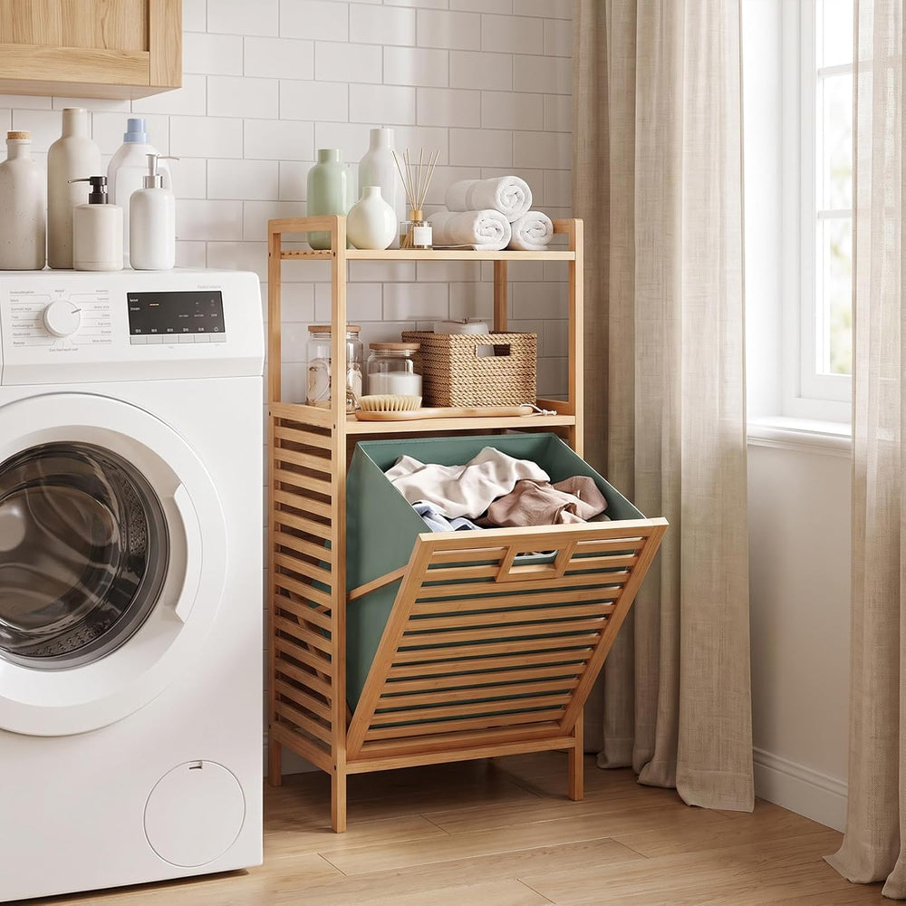 RELAX4LIFE Laundry Hamper Bamboo W/Removable Liner, 2-Tier Shelves Tilt-out D...
