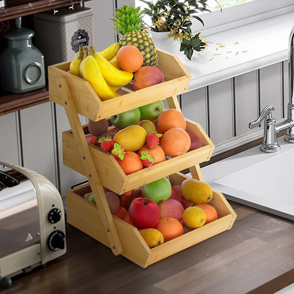 Merysen 3-Tier Bamboo Fruit Basket for Kitchen Countertop, Self-assembly