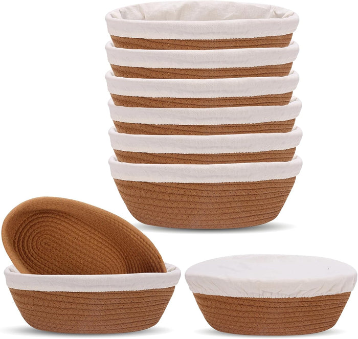 10 Inch Oval Cotton Banneton Proofing Basket Set of 6, Mini Sourdough Bread Baking Kit, Small Artisan Dough Baskets with Cover and Liner for Homemade Bread Baking Supplies (Brown, 10 Inch Oval)