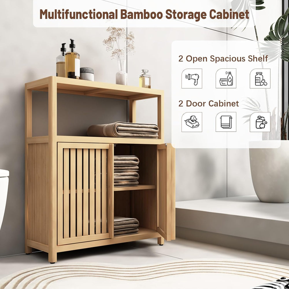 Bamboo Bathroom Storage Cabinet Furniture, Bathroom Floor Cabinet with 2 Shut...
