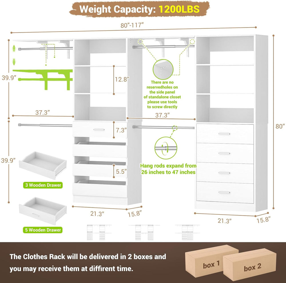 Aheaplus Closet System, Wood Closet Organizer System with 8 Drawers &4 Rods