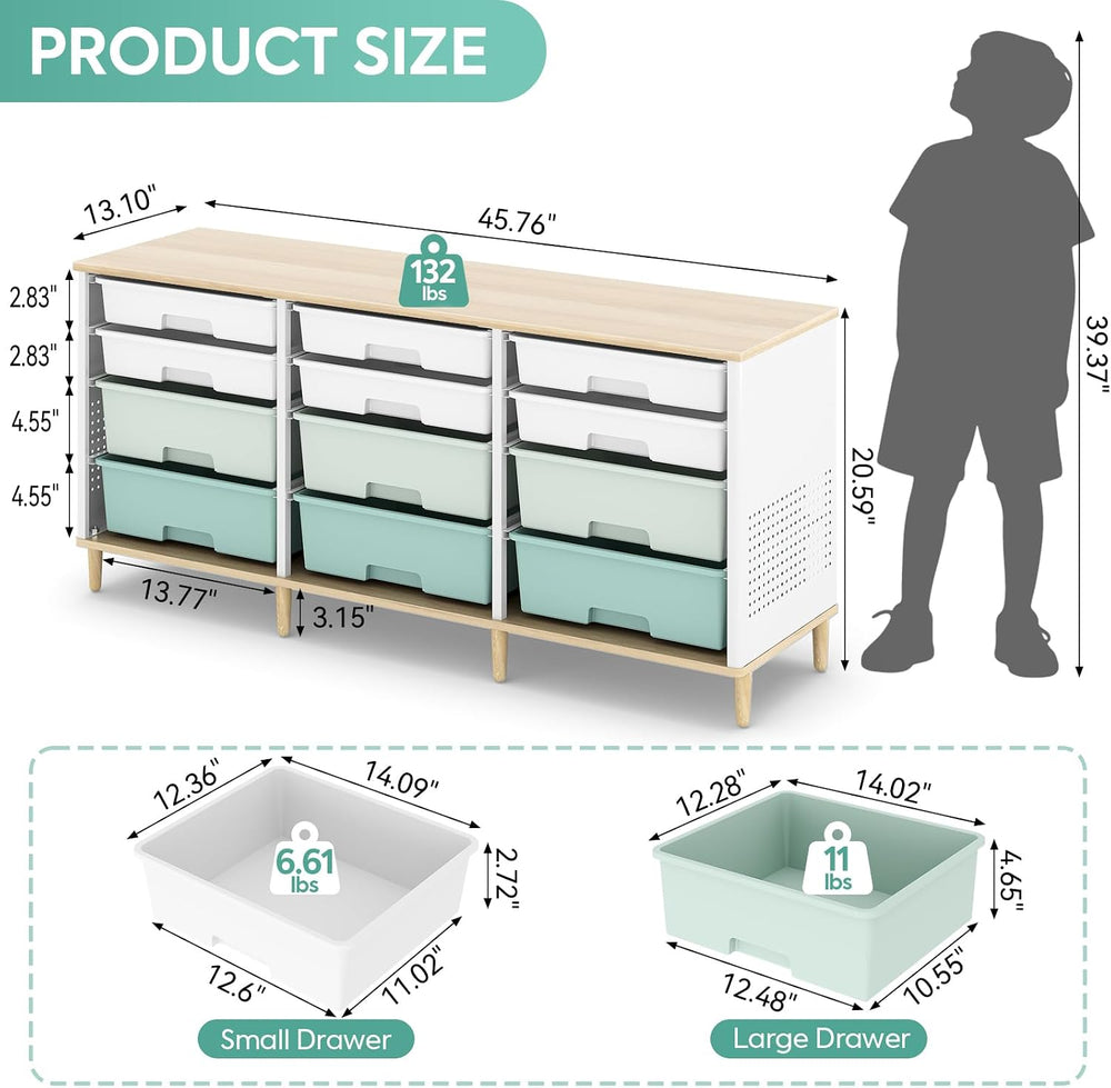 TOOLF 12 Drawers Storage Cabinet with Wooden Top and Plastic Bins,Green