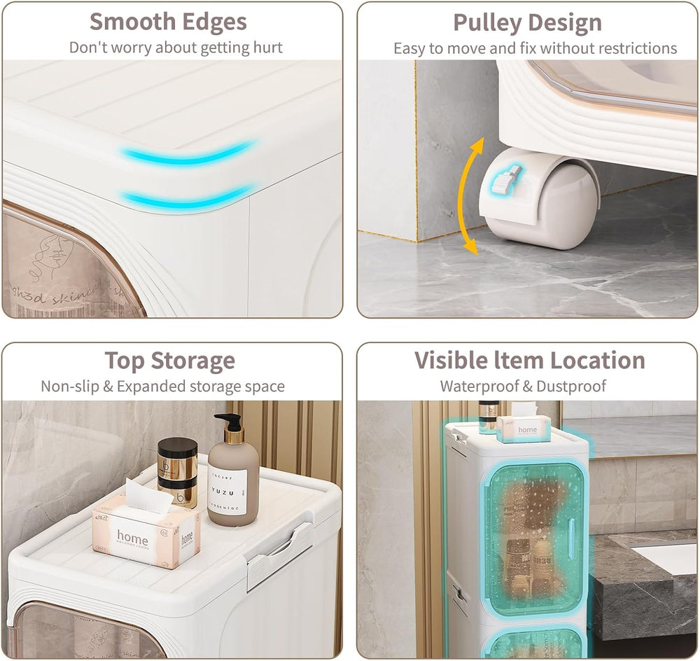 3 Tier Slim Bathroom Storage Cabinet, Foldable and Movable, Beige