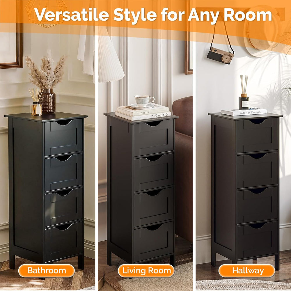 VINGLI Black Bathroom Storage Cabinet with 4 Drawers, Slim Freestanding Floor...