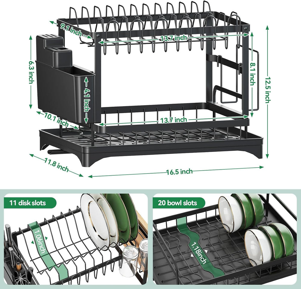 2-Tier Dish Drying Rack with Drainboard, Sink & Countertop Metal Dish Rac...