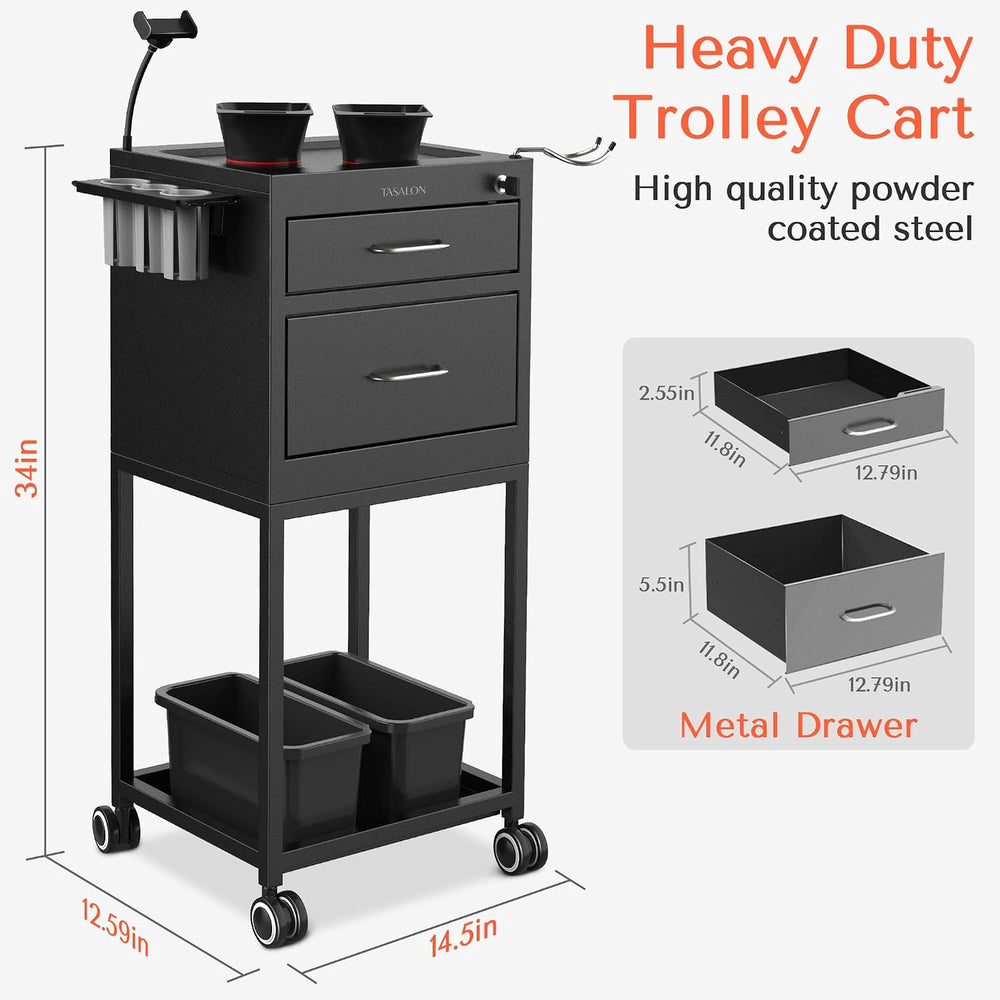 TASALON Wheeled Lockable Metal Salon Cart with Drawers & 2 Magnetic Bowls