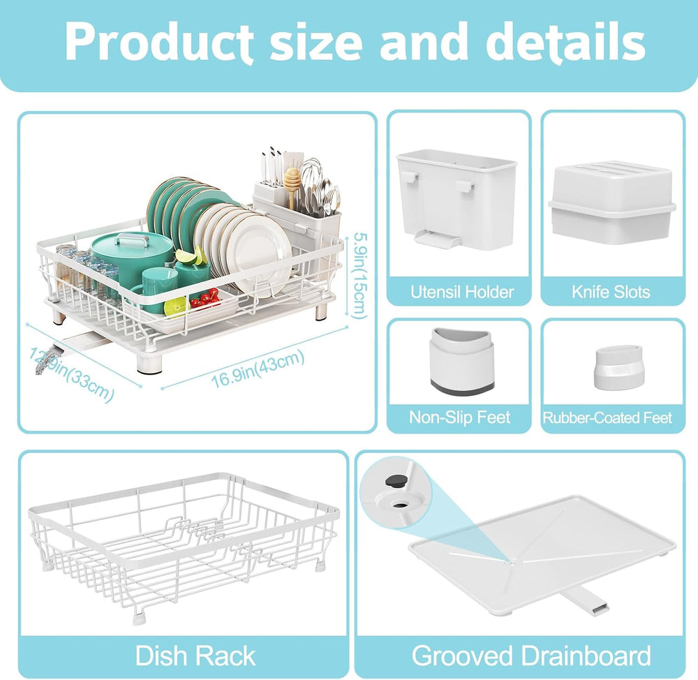 Dish Drying Rack for Kitchen Counter,12.8" W x 16.9" L,White