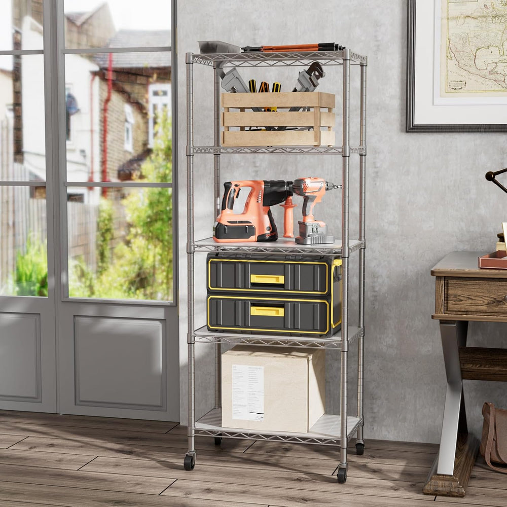 5 Shelves Storage Wire Shelf Closet Metal Shelving Pantry Wheels
