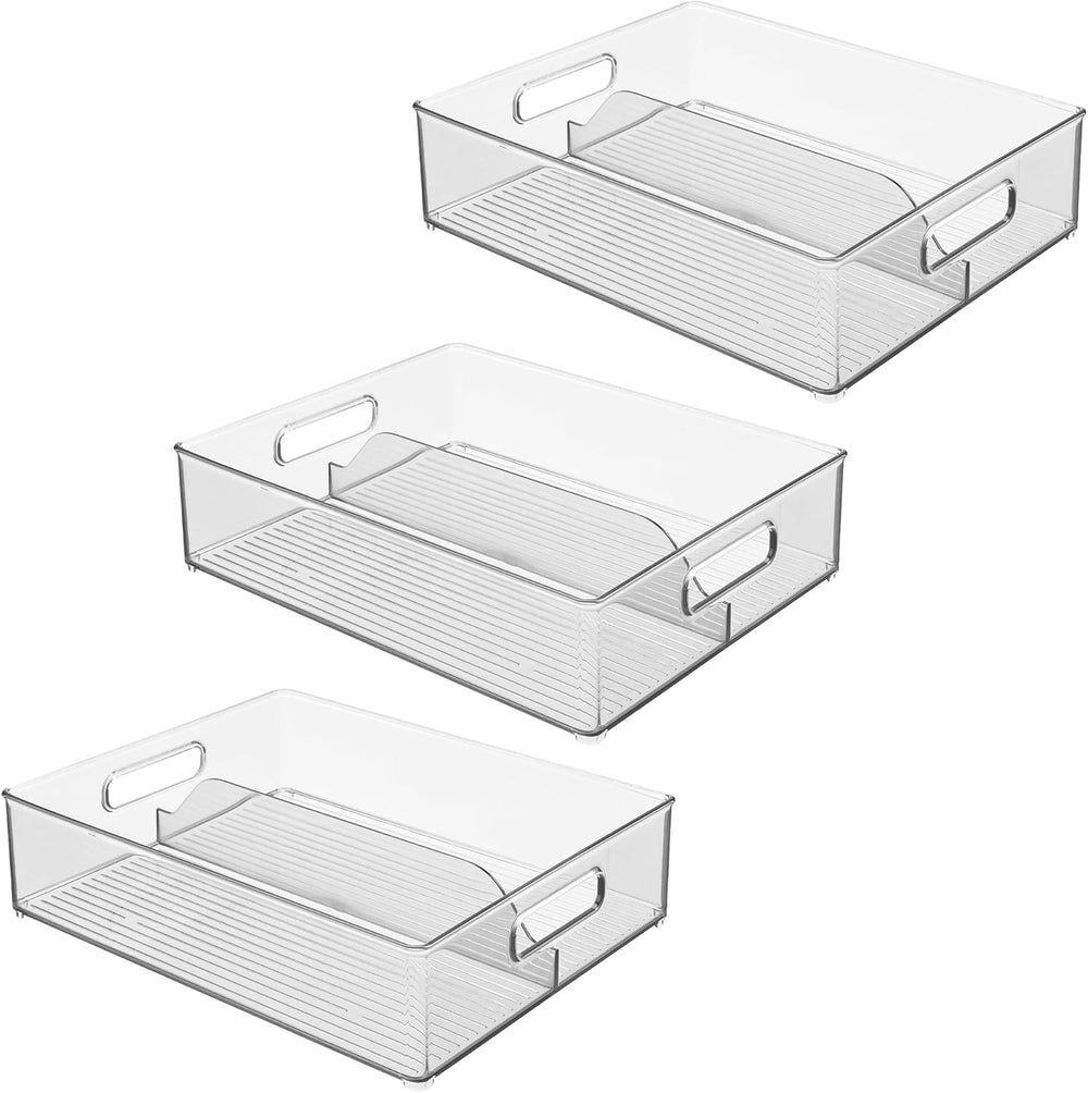 iDesign Divided Pantry Bin with Handles, Set of 3, Clear