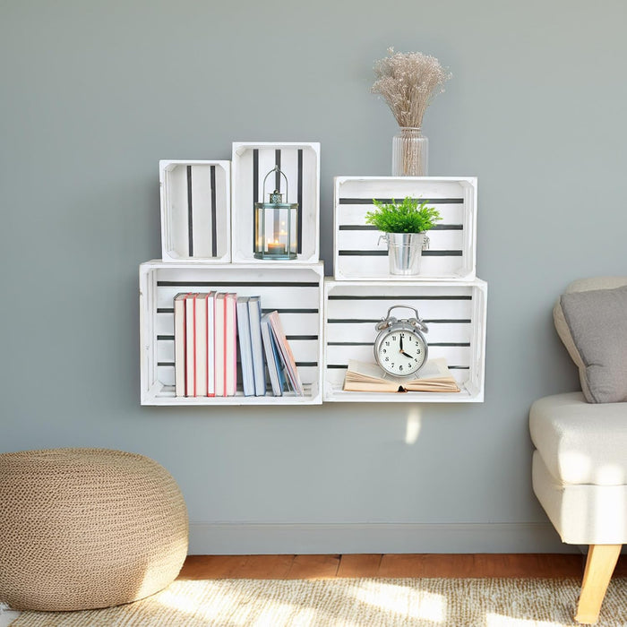 5-Piece Rustic White Wooden Crates Set, Wall Mountable Slatted Storage Crates with Handles, Farmhouse Wooden Crates for Display & Organizer for Home Decor