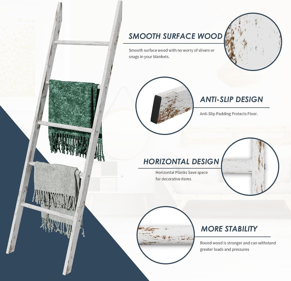 5-Tier Blanket Ladder Wooden, 5.3FT(63'') Blanket Quilt Holder Rack D...