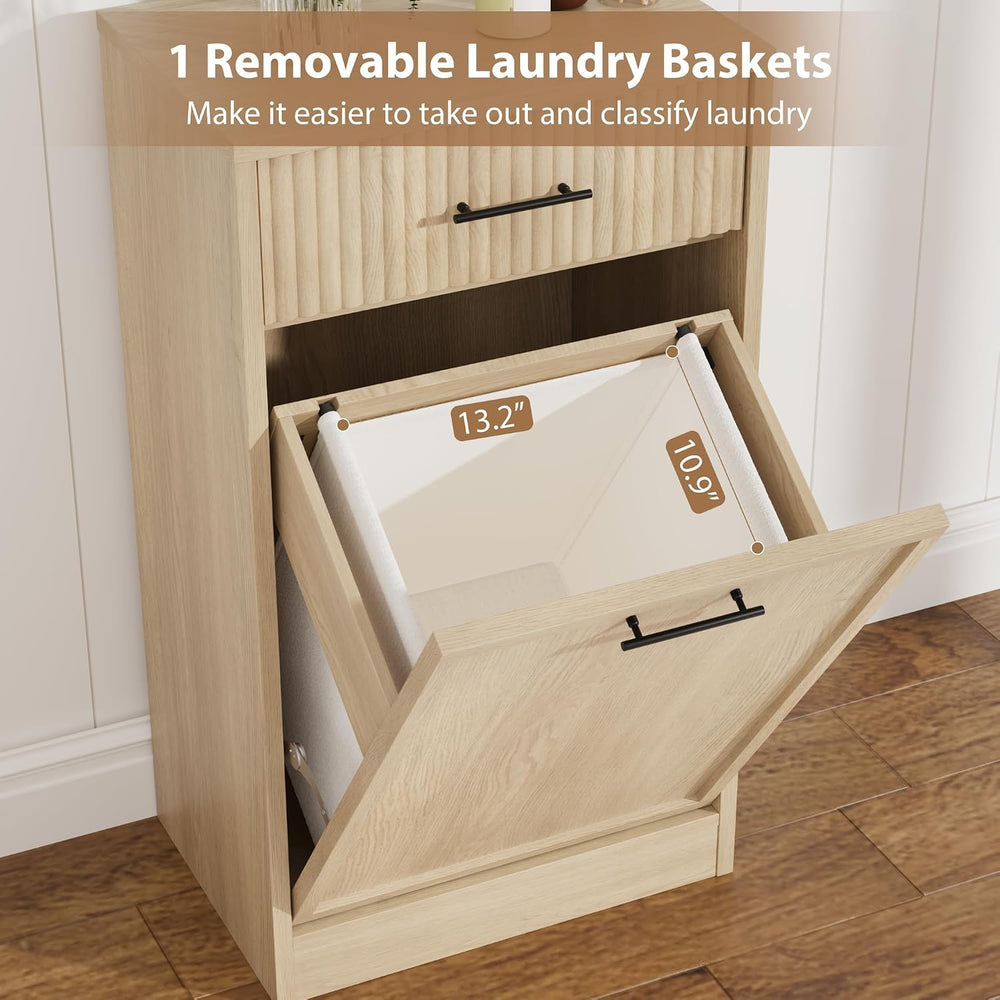 Garvee 10 Gal Single Tilt Out Laundry Hamper Cabinet with Drawer, Natural