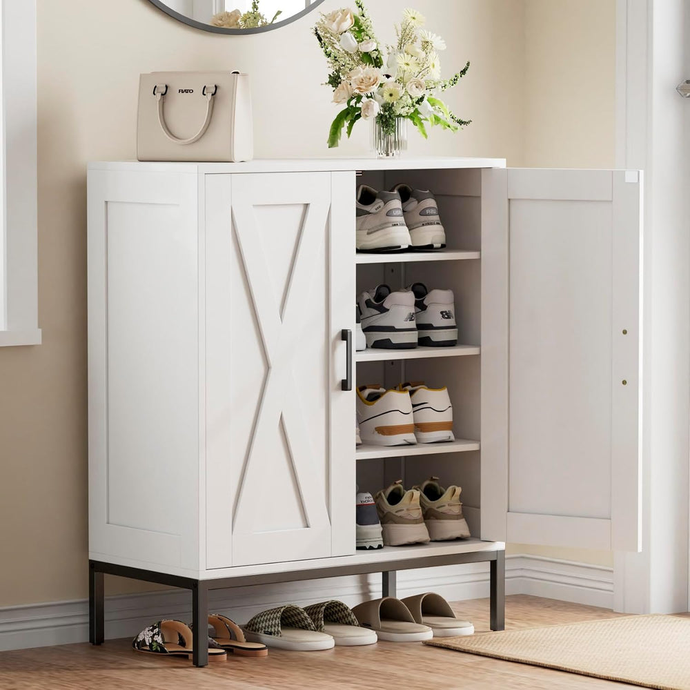 Homleke Farmhouse Shoe Cabinet with 2 Barn Doors & Metal Legs