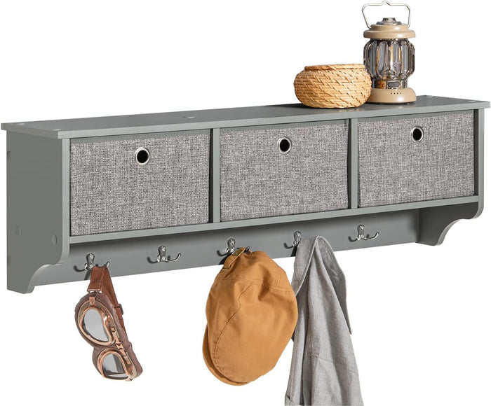 SoBuy Wall Shelf with Hooks, Coat Rack Wall Mount with Shelf Entrywall Storage Cabinet Unit with 3 Baskets 5 Hooks, Grey, FRG282-HG