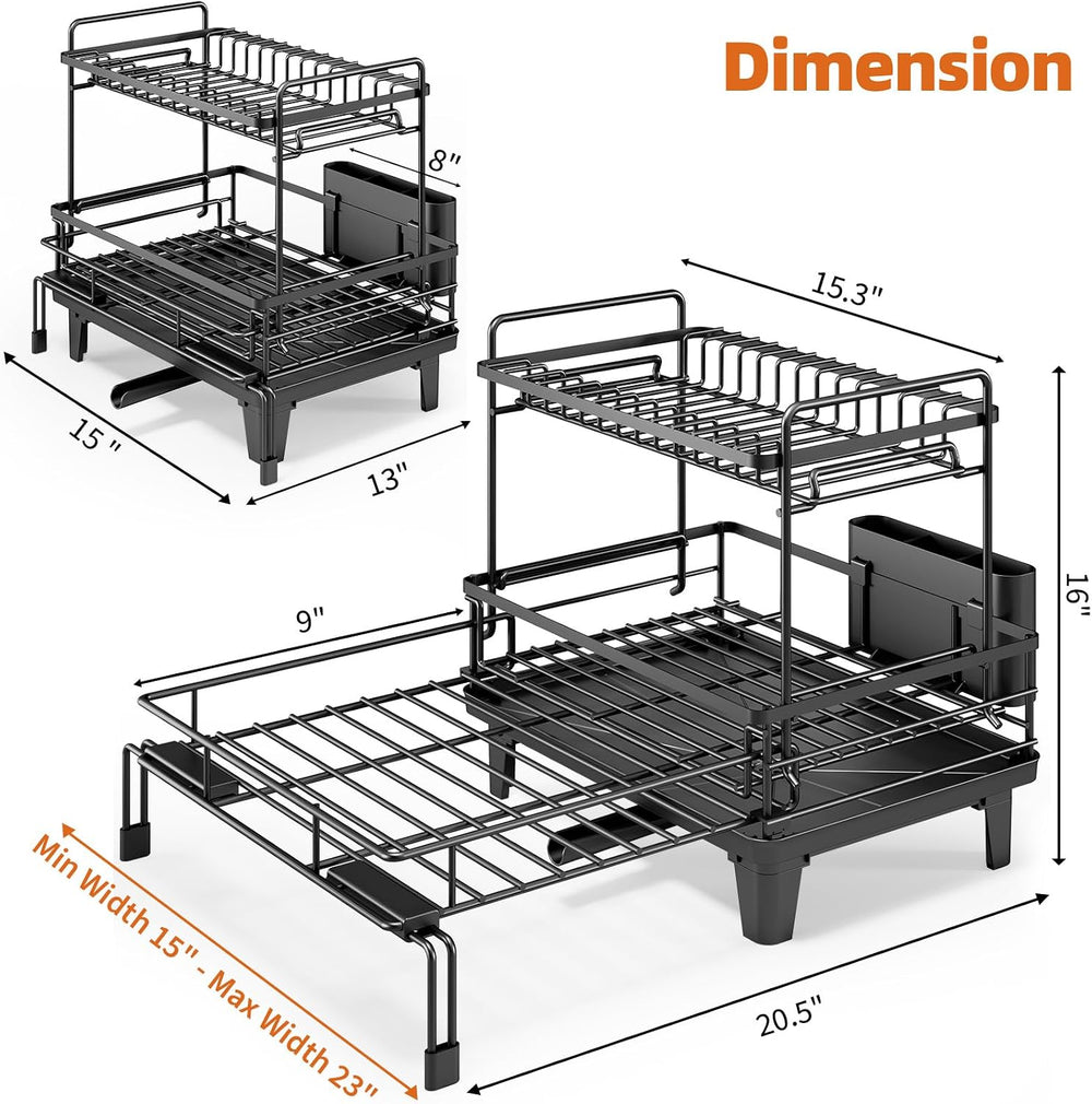 Urackify Expandable Sink Dish Drying Rack for Kitchen Counter, 2-Tier Black