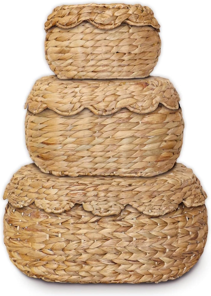 Scalloped Basket Set of 3 with Lids, Bread Basket, Natural