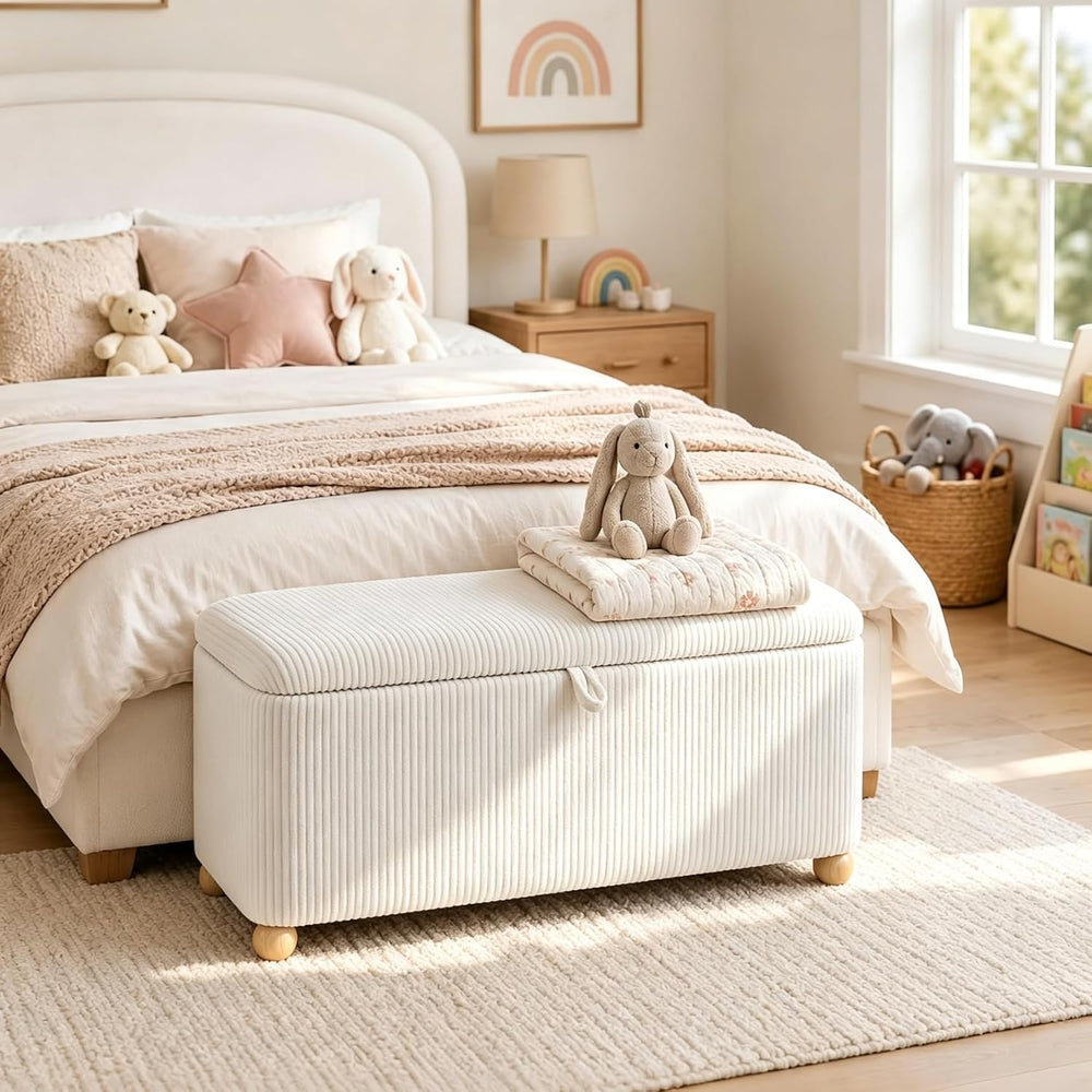 Homebeez 39” Corduroy Storage Ottoman Bench with Hinged Lid & Handle