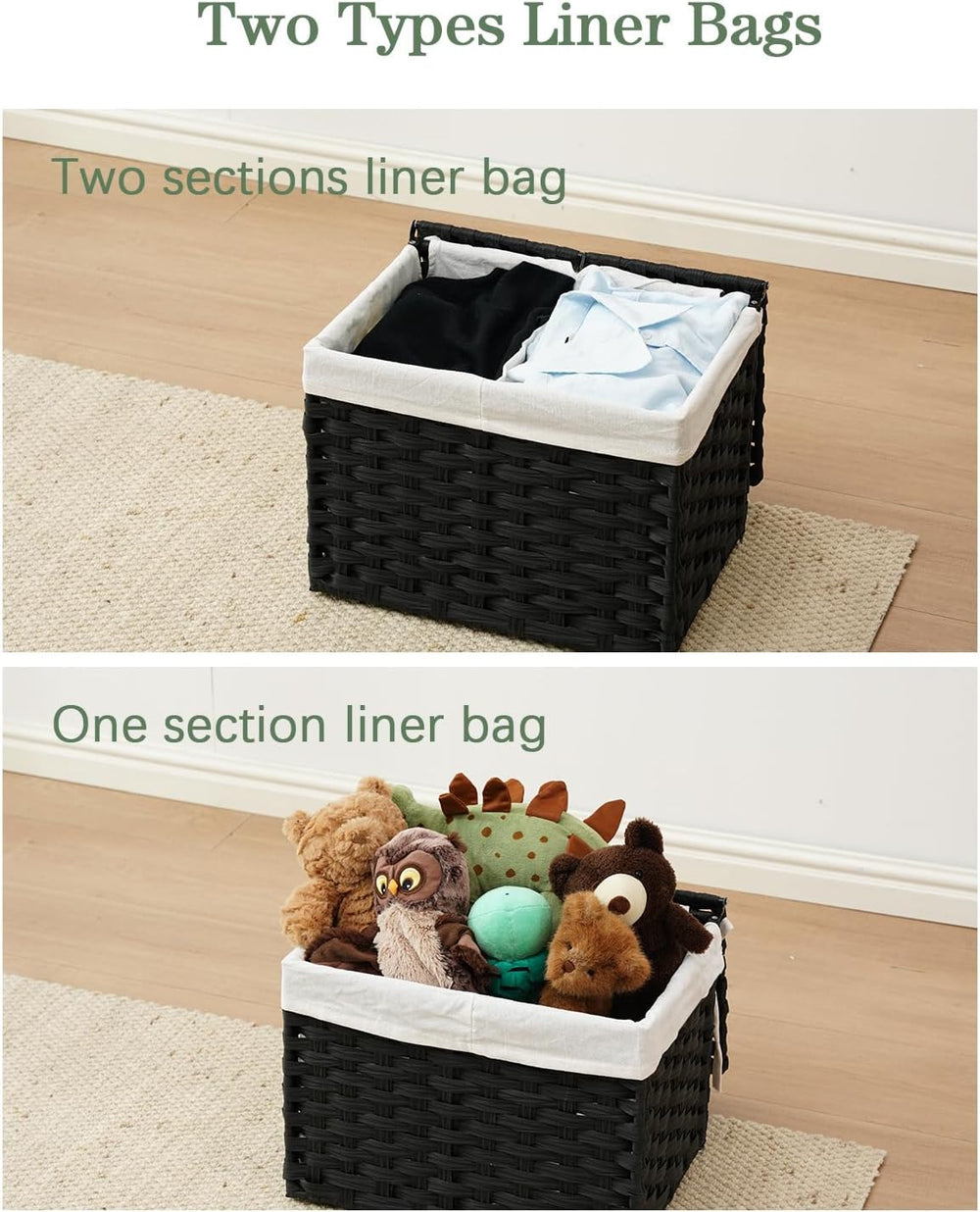 SETVSON Storage Basket with Lid, 2-Lid PE Rattan Storage Bin, Black