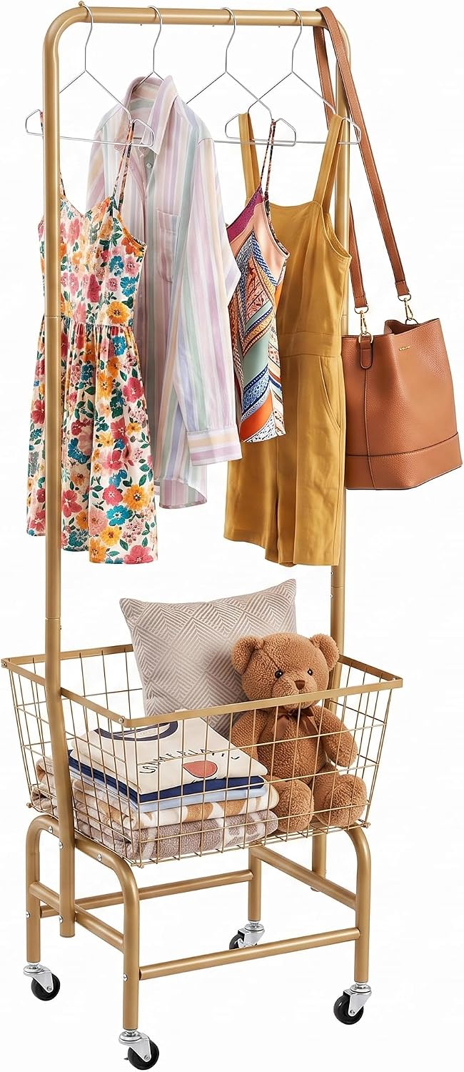 ALIMORDEN Rolling Laundry Cart with Hanging Rack & Metal Basket, Gold