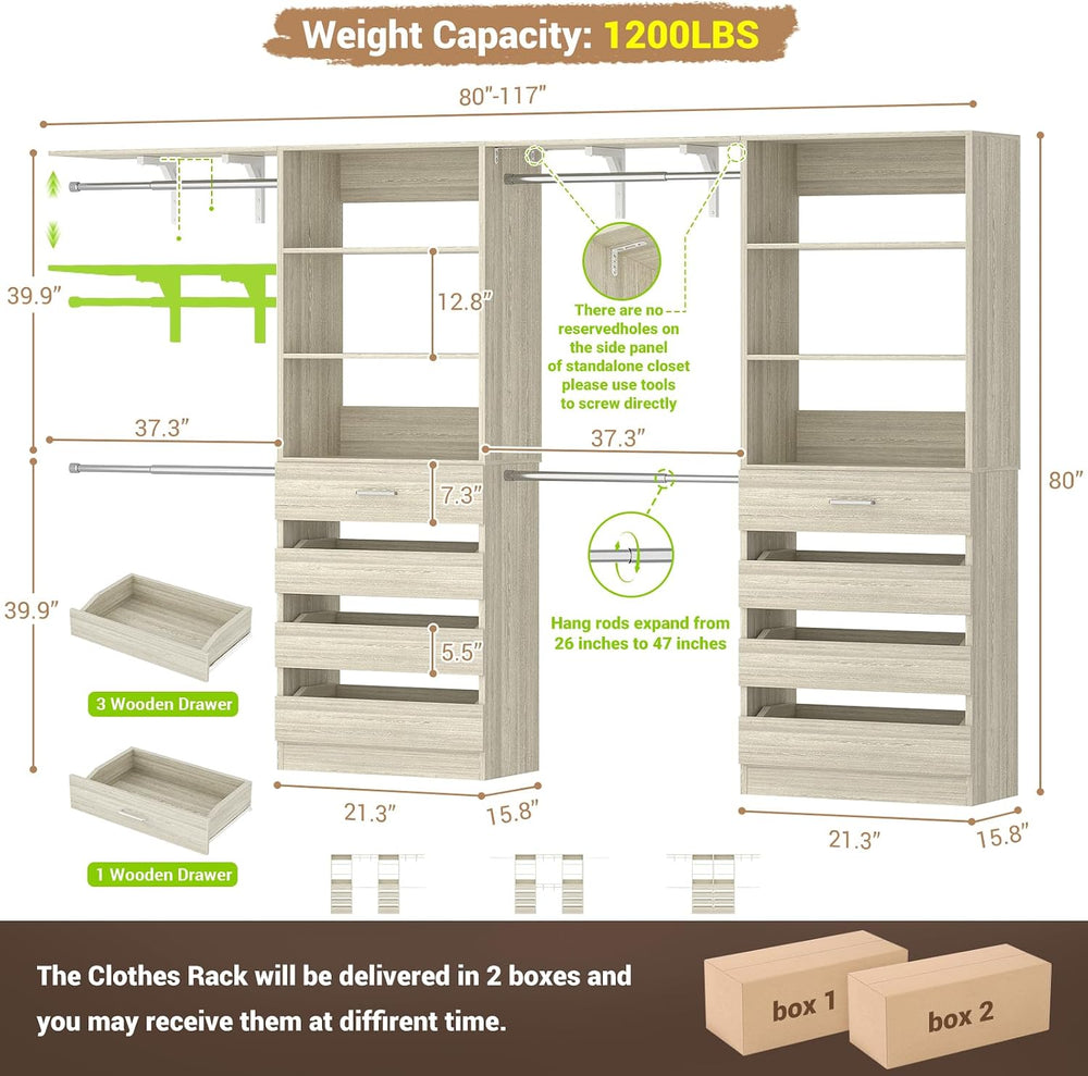 Aheaplus Closet System, Wood Closet Organizer System with 8 Drawers &4 Rods