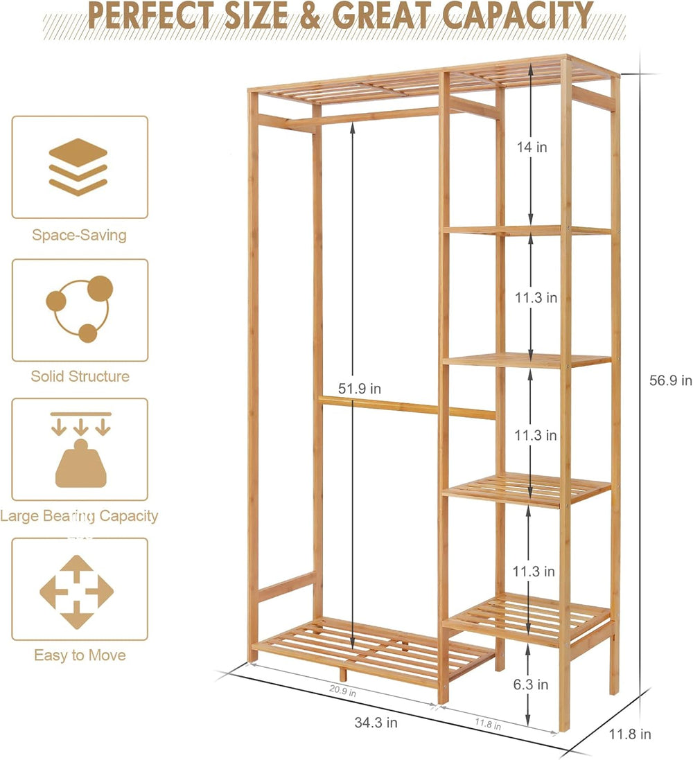 Jotsport Bamboo Clothing Rack with 6 Tier Storage Shelf & Hanging Rod