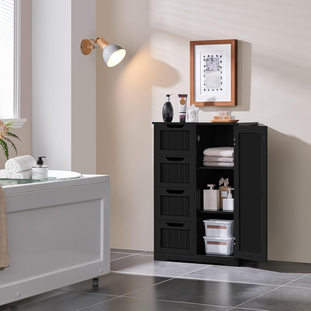 Yaheetech Small Bathroom Storage Cabinet with 4 Drawers & Door, Black