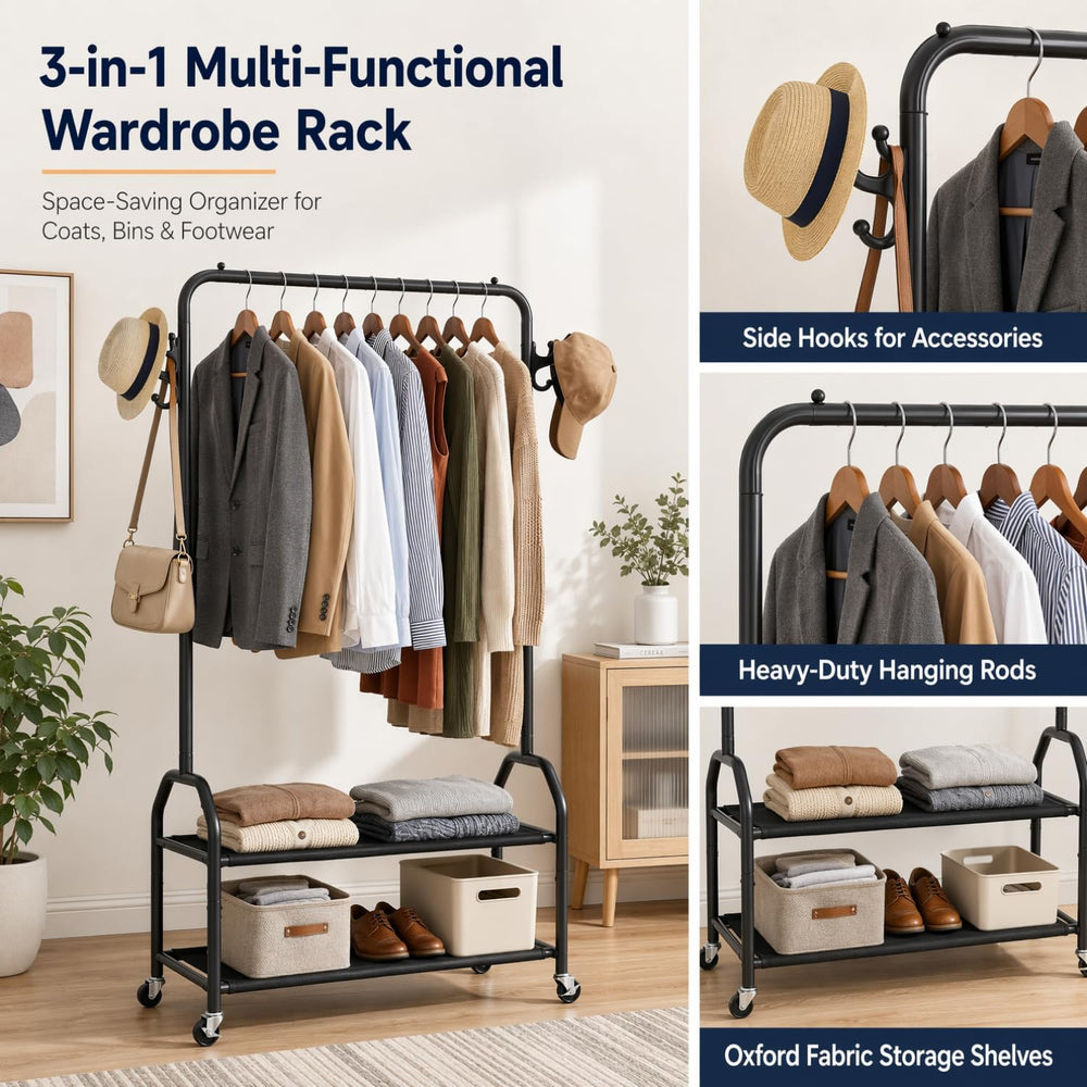 Clothes Rack with 2 Tier Shelves, Rolling Garment Rack