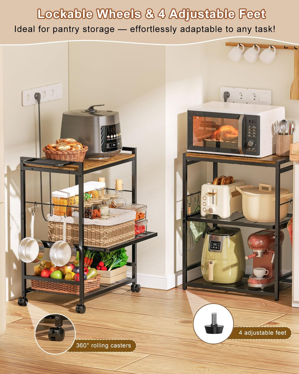Feyejade 3-Tier Rolling Kitchen Cart with Storage, Compact Metal Island