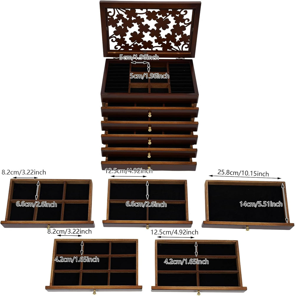 Jewelry Box for Women, 6-Tier large Wooden Jewelry organizer Vintage 5 Drawer...