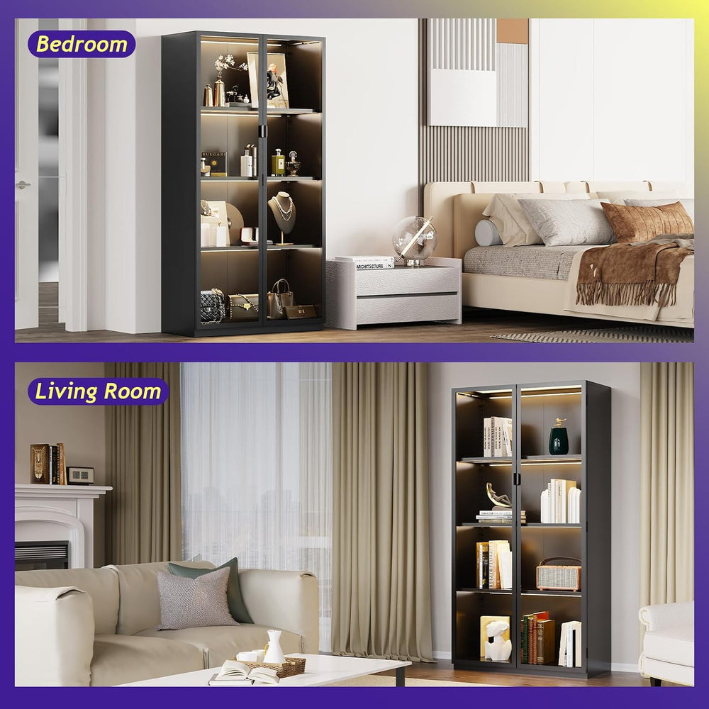 Display Cabinet with Glass Doors,4-Tier Curio Cabinet with Lights