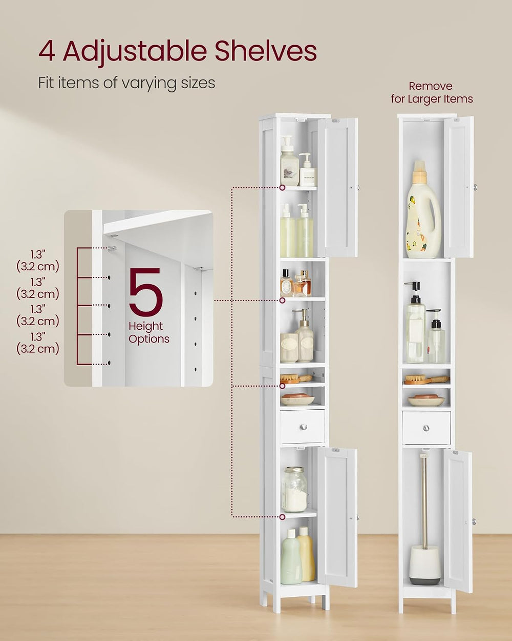 VASAGLE Tall Bathroom Cabinet, Slim Freestanding, Drawer, Open Compartments