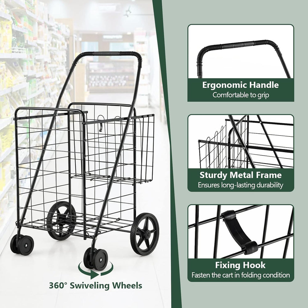 Goplus Jumbo Folding Shopping Cart with Rolling Swivel Wheels, Foldable Groce...
