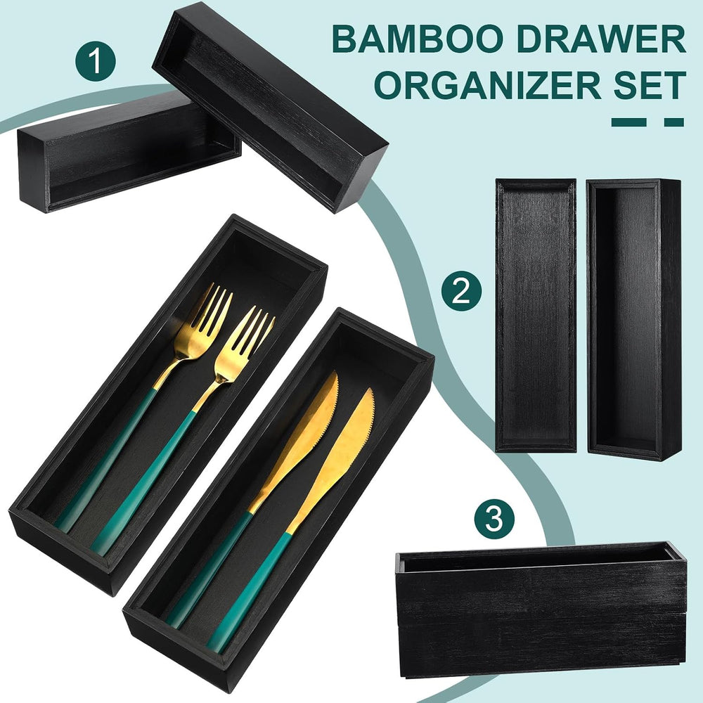 Uiifan Bamboo Drawer Organizer Black 10 x 3 x 2'' Stackable for Kitchen