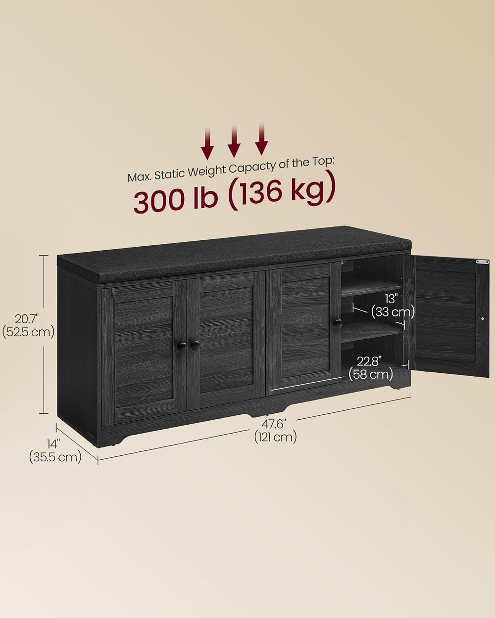 VASAGLE 3-Tier Shoe Storage Bench with Cushion, 14 x 47.6 x 20.7 Inches