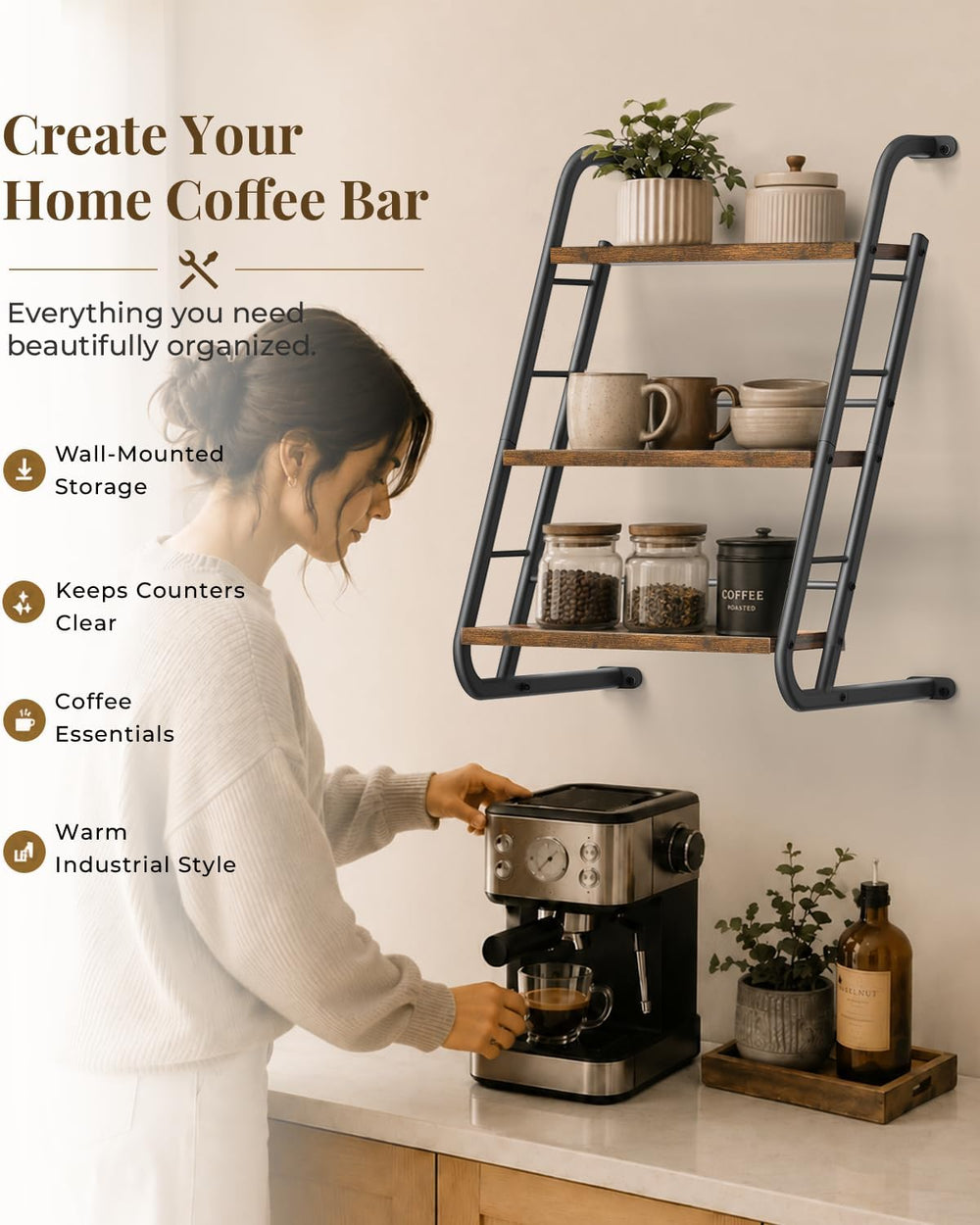 Floating Shelves for Wall,3-Tier Rustic Wood Ladder Wall Shelf,16" Brown