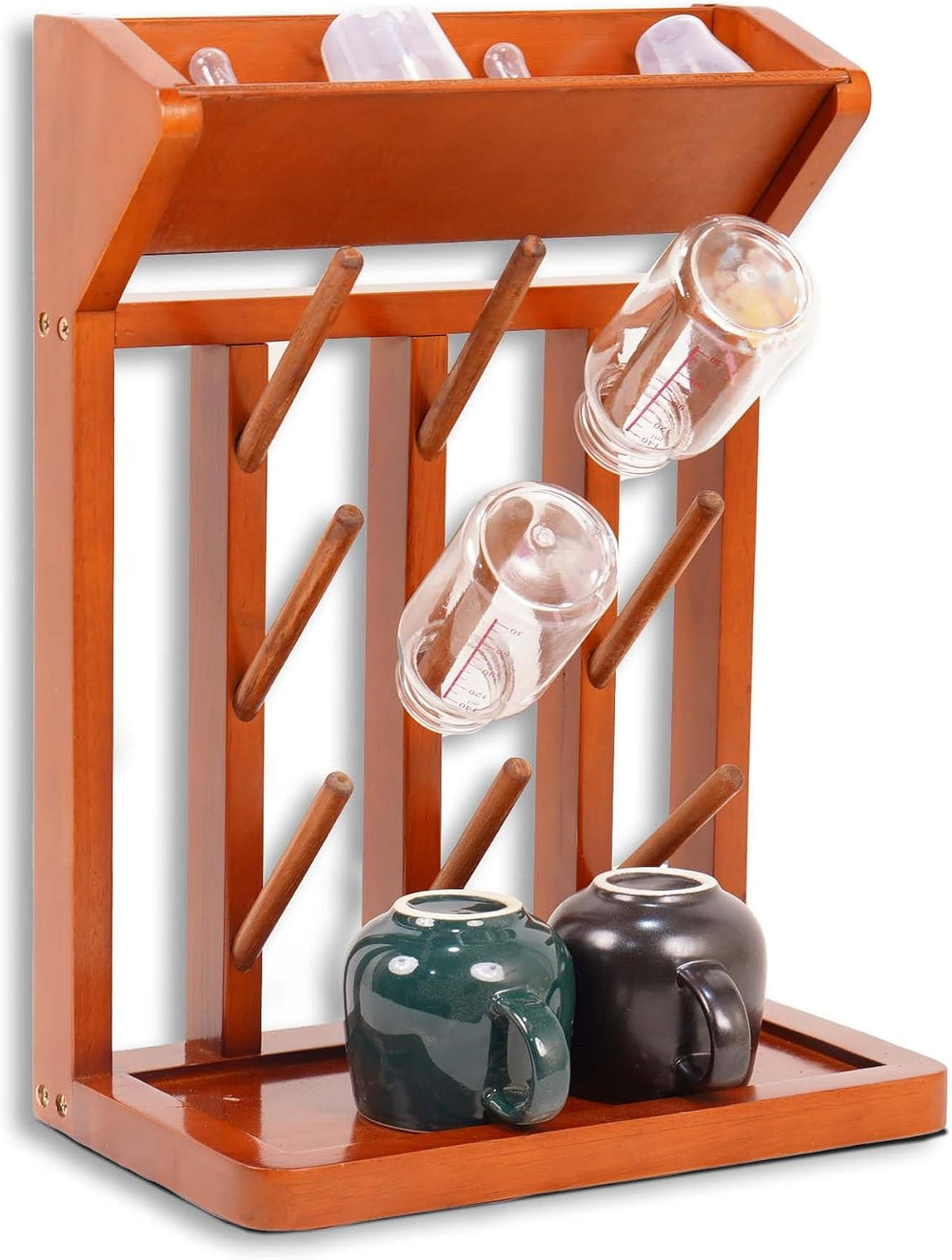 Brown Vertical Bottle Drying Rack Rubber Wood 9 Hooks, Use for Bottles, Cups,...