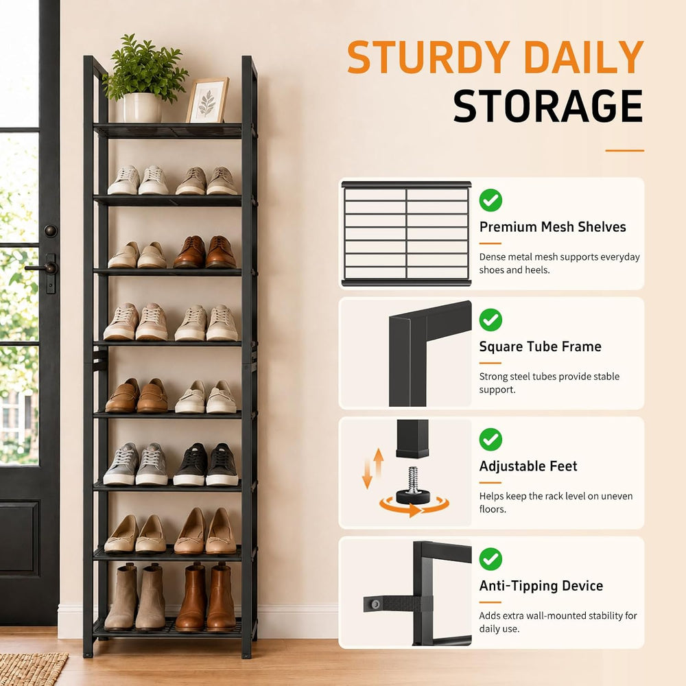 Stackable Shoe Rack, 8-Tier Metal Organizer Holds up to 16 Pairs, Tall Narrow...