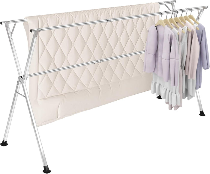 Stainless Steel Clothing Rack, Clothes Drying Rack Foldable, Anti Slip Laundry Clothes Drying Rack with Wheels, Adjustable Length 48.81-78.74(in), Silvery, Suitable for Indoor Balconies