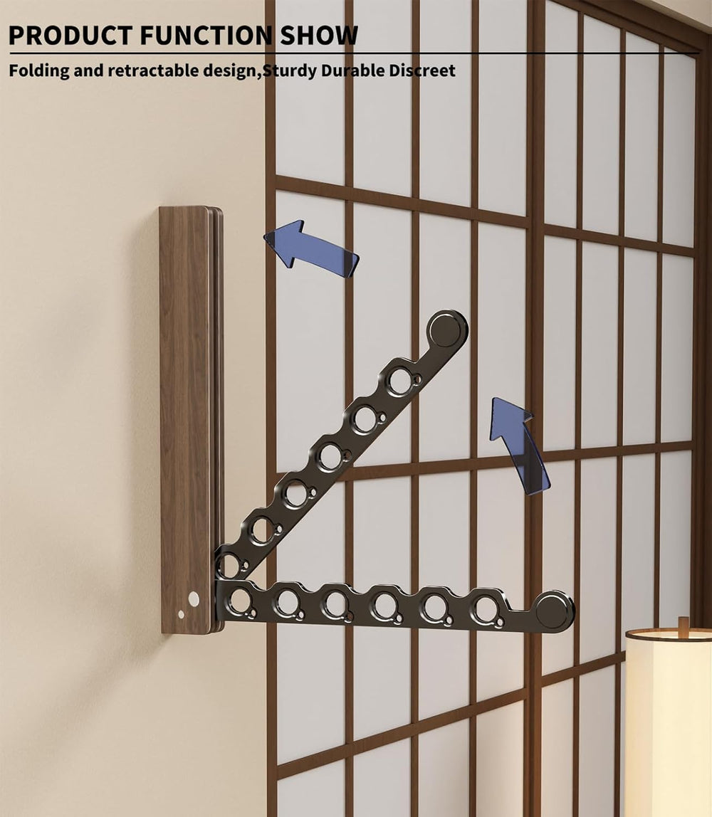Natural Wood Folding Clothes Hanger Rack for Laundry Room, Wall Mounted Cloth...