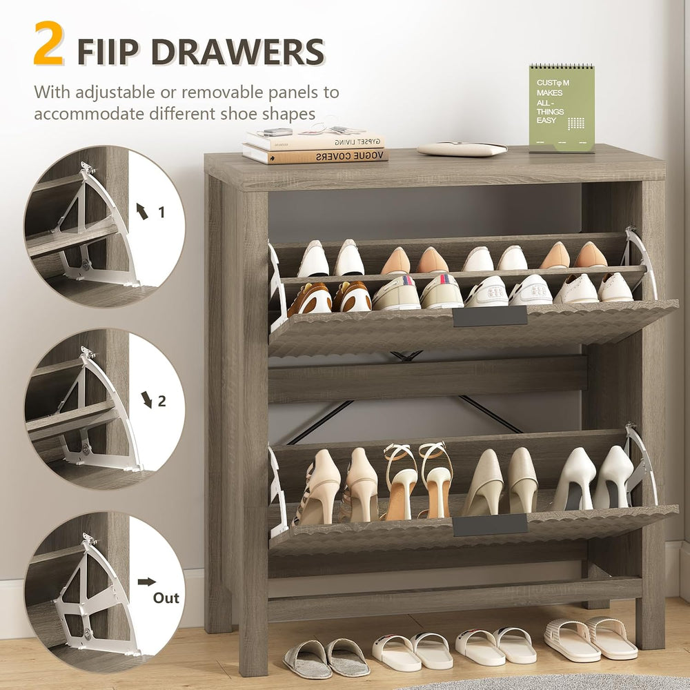 Fluted Shoe Cabinet Storage with 2 Flip Drawers for Entryway, Hallway