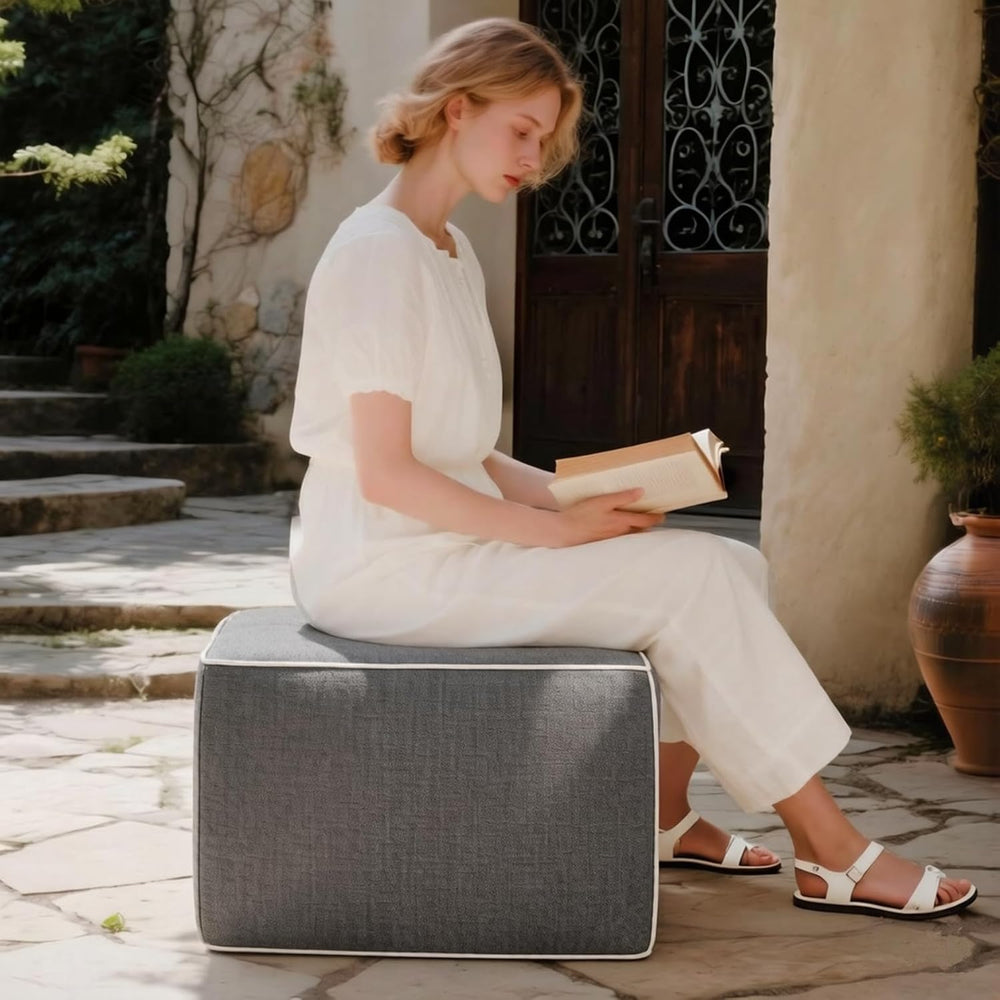 Outdoor Square Ottoman,Pouf Foot Rest for Patio Waterproof,Gray,20x20x14In